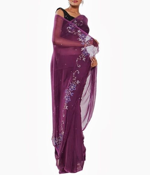 FAVOLA Designer Flower Motifs Wine Crystallized Sari