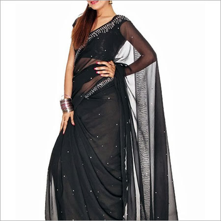 FAVOLA Designer Black Asymmetric Graded Pattern Crystallized Sari