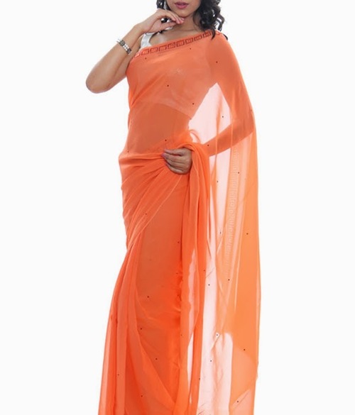 FAVOLA Designer Geomatrical Border Orange Crystallized Sari