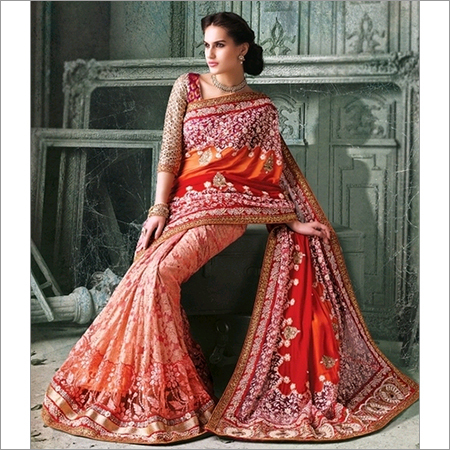 Stylish Fancy Net Sarees - Georgette Silk, Orange, Floral Pattern | Heavy Embroidery, Brocade Blouse, Wedding-Ready, Soft Texture, Colorfast