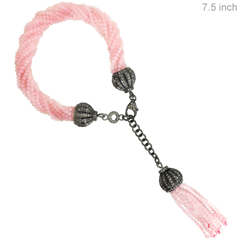 Baby Pink Color Rose Quartz Beaded Diamond Tassel Bracelet