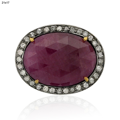 Ruby Oval Diamond Connector Finding - 18k Gold Silver 21x17 mm, Ruby 9.50 ct, Diamond 0.40 ct, Elegant Durable Design