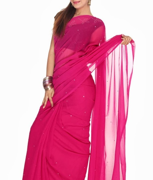 FAVOLA Designer HOT Pink Leaf Border Crystallized Sari