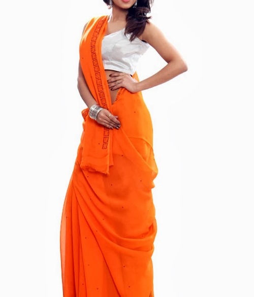FAVOLA Designer Bright Orange Crystallized Sari