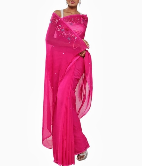FAVOLA Designer Hot Pink Flower Pattern Crystallized Sari