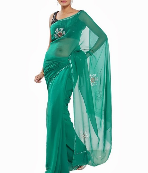FAVOLA Designer Green Flower Motifs Crystallized Sari