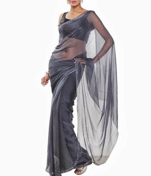 FAVOLA Designer Muted Grey Crystallized Sari