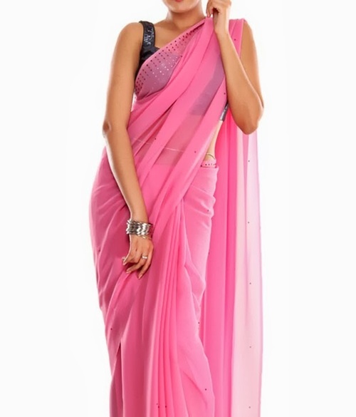 FAVOLA Designer Stunning Coral Pink Crystallized Sari - Polyester, 5.5m x 1.2m, Coral Pink | Elegant Design, Crystal Patterns, Occasional Wear
