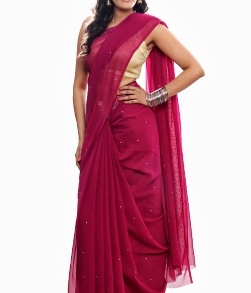 FAVOLA Designer Charming Dark Pink Crystallized Sari - Silk Blend, 5.5m x 1.2m, Dark Pink | Elegant Design, Crystal Details, Fine Fabric