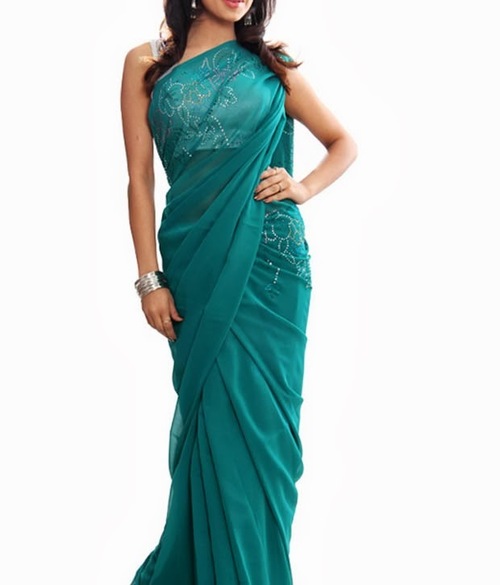 FAVOLA Designer Sea Green Flower Pattern Crystallized Sari