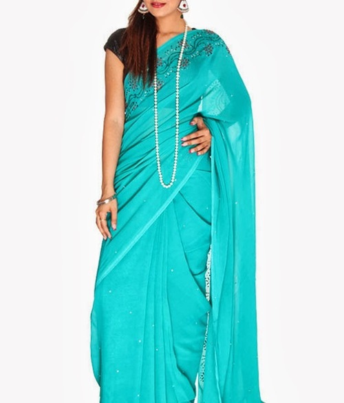 FAVOLA Designer Sea Green Flower Border Crystallized Sari