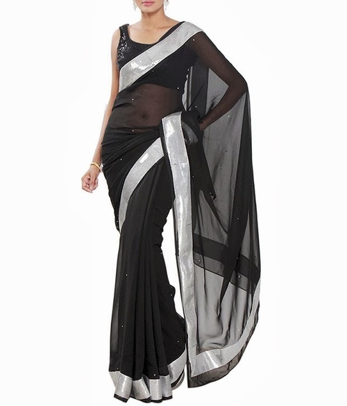 FAVOLA Designer Divine Black Sequence Border Crystallized Sari - Silk Blend, 5.5 Meters, Black | Crystal Embellishments, Sequence Border, Elegant Design, Occasional Wear