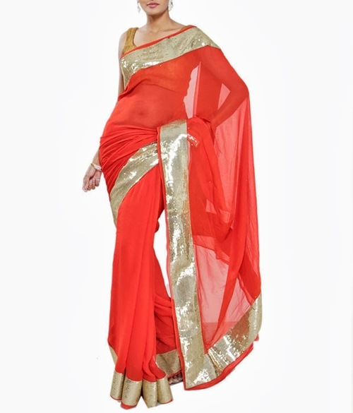 FAVOLA Designer Chilli Red Sequence Border Crystallized Sari