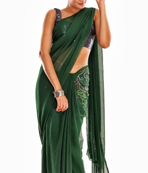 FAVOLA Designer Charming Bottle Green Crystallized Sari