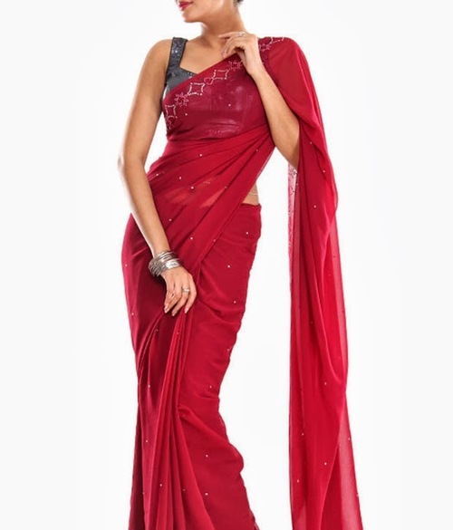 FAVOLA Designer Bewitching Maroon Crystallized Sari