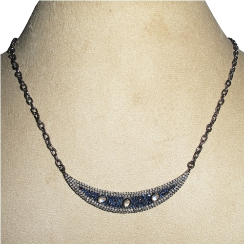Moonstone Sapphire Pave Diamond Necklace Jewelry - 925 Sterling Silver, 5.45 CTS Gemstones, 4.04 CTS Diamonds, Half Moon Shape, Elegant Design