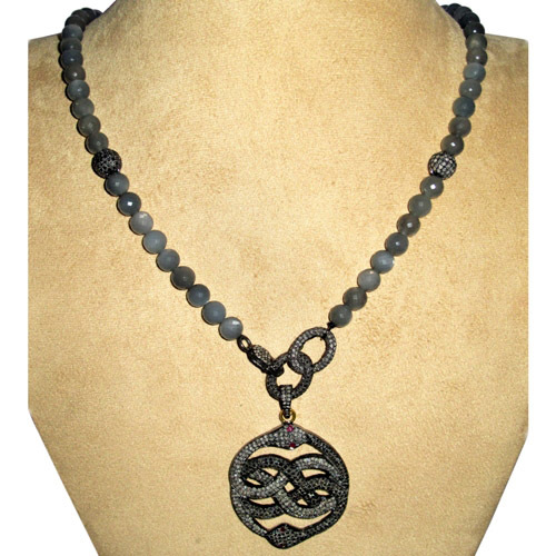 Snake Diamond Pave Moonstone Beaded Necklace