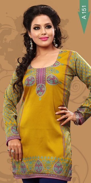 Printed Crepe Kurtis Suppliers - Crepe, Knee Length, Mustard | Stylish Design, Soft Fabric, Comfortable Fit, Vibrant Colors, Long Sleeve