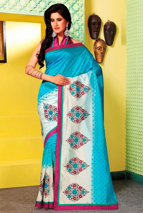 Casual Raw Silk Embroidered Saree - Silk, 6.30 Mtrs, Off White & Teal Blue, Unstitched XX-Large Blouse | Elegant Embroidery, Party & Festival Wear, Dry Clean