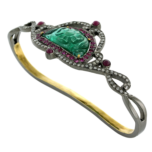 Emerald Carved Diamond Palm Bracelet