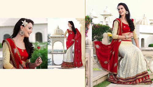 Stylish Designer Lehenga Saree - Faux Georgette & Dupion Silk, X-Large (42), Red & Off White | Embroidered Patch Work, Party & Traditional Wear, 6.30 Mtrs Saree Length