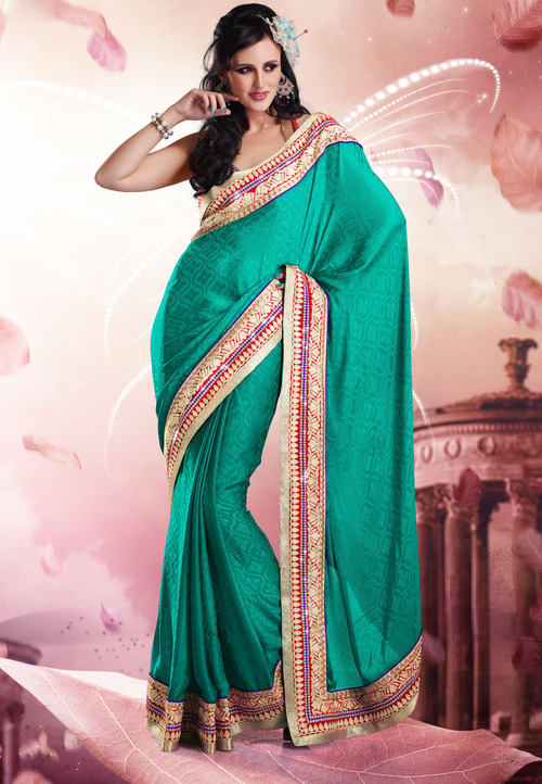 Designer Embroidered Saree - Net, Chiffon Fabric, Bottle Green, 6.30 Mtrs, Dupion Silk Blouse XX-Large | Embroidered, Patch Work, Hand and Zircon Work, Party & Wedding Wear