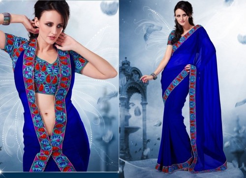 Designer Embroidered Fashionable Sarees - Chiffon Saree 6.30 Mtrs, Dupion Silk Blouse XX-Large 0.80 Mtrs, Embroidered Patch Work, Party Wear