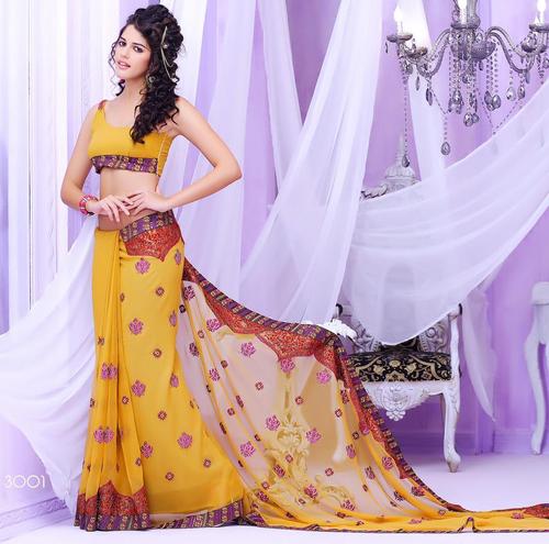 Designer Georgette Embroidered Saree - Georgette Fabric, Yellow, Dupion Silk Large Blouse 0.80 Mtrs | Party Wear, Patch Work, Dry Clean Only