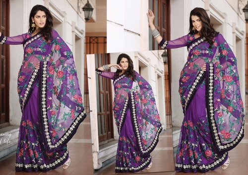 Designer Net Embroidered Saree - Net Fabric, 6.30 Mtrs, Bluish Purple, XX-Large | Unstitched Blouse, Hand, Patch & Stone Work, Party & Wedding Wear