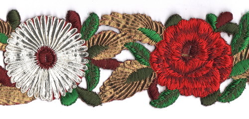 Embroidery Laces - Textile, Variable Width, Variable Length, Red Floral, Hand Embroidery | Elegant Design, Intricate Embroidery, Durable Material, Versatile Use