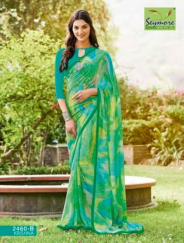 Green Printed Georgette Saree