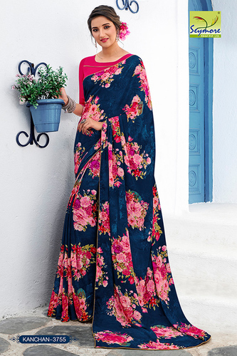 Blue Designer Printed Piping Border Sarees