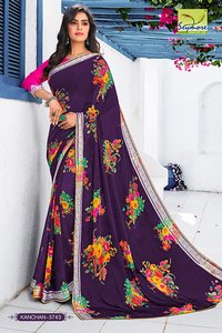 Purple Printed Floral Print Party Wear Sarees