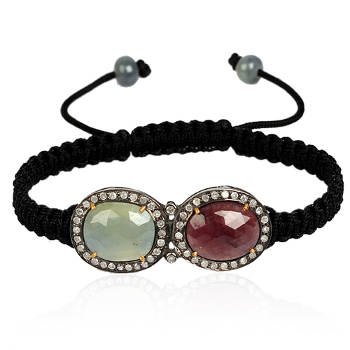 Multi Sapphire Bead Macrame Bracelet - 18k Gold & Silver, 9.36g, 1.02ct Diamond, 21.78ct Gemstones, Handcrafted, Adjustable