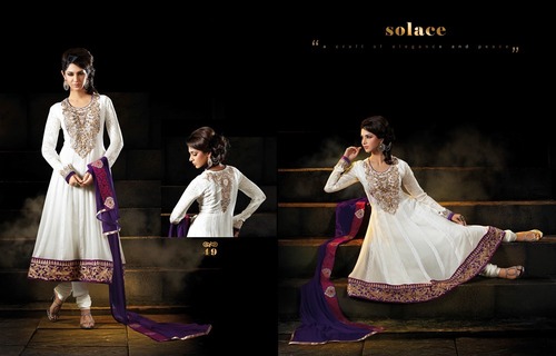 Long Salwar Kameez - Cotton Silk, 54 Inch, Off-White | Hand Embroidery, Zari Work, Elegant Anarkali Style