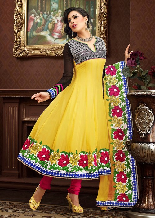 Designer Salwar Kameez - Faux Georgette, Sizes 34-44, Black & Gold, Embroidered Patch Work, Full Sleeves, Chiffon Dupatta