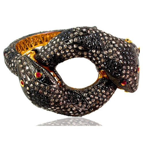 Yellow Gold Ruby Diamond Silver Amazing Snake Bangle