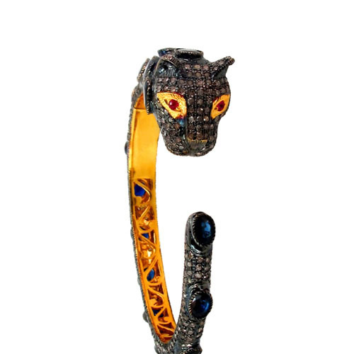14k Yellow Gold Blue Sapphire & Ruby Diamond Victorian Design Silver Bangle