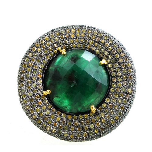 Emerald Gold Diamond Silver Round Shape Ring