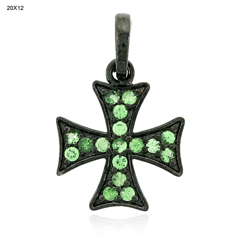 Tsavorite Cross Silver Charm Pendant 