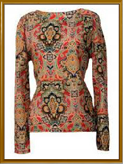 Ladies T-Shirt - Cotton Blend, S-XL, Orange Brown | Aztec Print, Long Sleeves, Fitted Soft Fabric