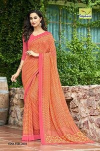 Orange Saree - Georgette Fabric, Printed Pattern, Vibrant Color | Shrink Resistant, Fine Finish, Unique Patterns, Suitable For All Seasons