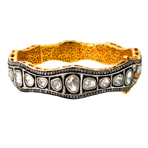 Rosecut and Pave Diamond Gold Bangle