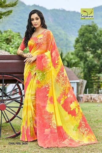 Big Print Saree - Georgette Material, Brocade Finish, Yellow Color | Striking Color-Combination, Eye-Catchy Designs, Easy to Drape