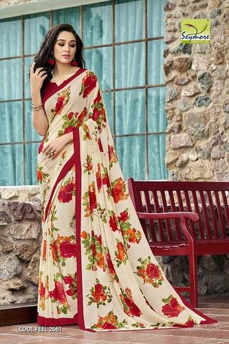 Extraordinary Printed Saree - Georgette Fabric, Bollywood Style, Red & White | Elegant Prints, High Tearing Strength, Colorfastness, Neat Stitching