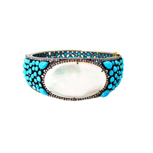 Gold Pearl Turquoise Diamond Silver Gemston Bangle