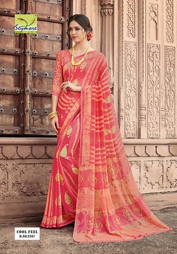 Digital Print Designer Saree - Georgette Material, Bollywwod Style, Orange Brocade Fabric, Eye-Catchy Color-Combination, Smooth Finish, Neat Stitching