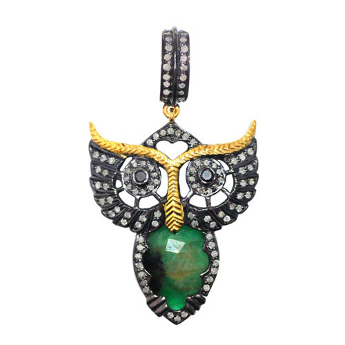 Owl Face Emerald Diamond Gold Pendant