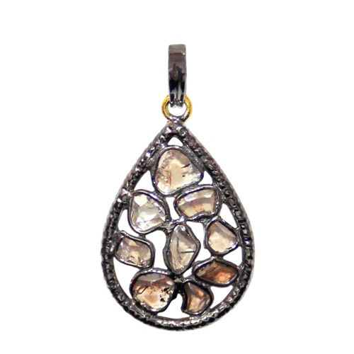 Gold Drop Natural Diamond Silver Pendant - 14k Gold, 38x20 mm, Silver | BIS Hallmarked, Contemporary Design, Natural Diamonds