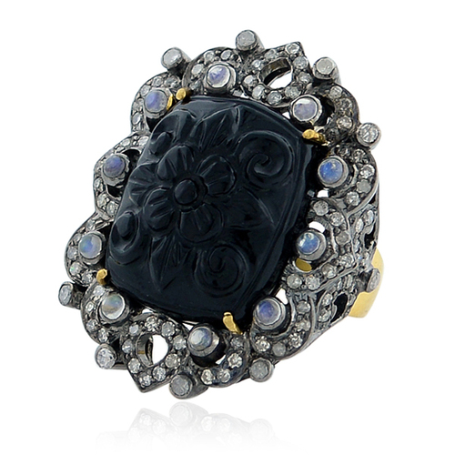 Black Onyx Carved Diamond Handcrafted Ring 